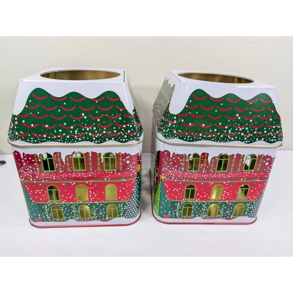PartyLite Winter Village 3 Wick Candle Jar Tin unused Christmas Display Set Of 2